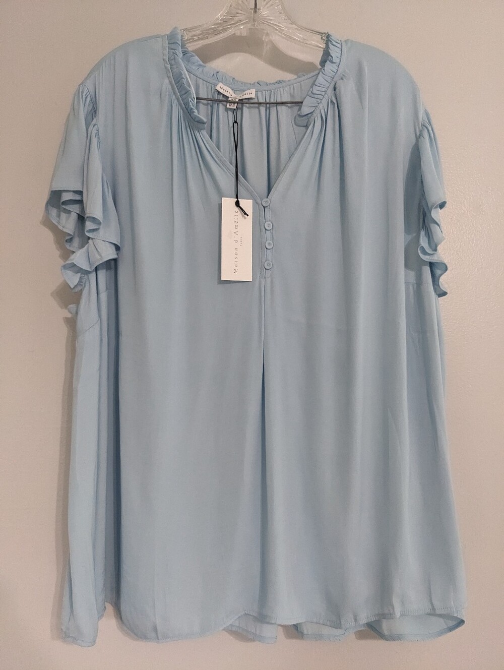 Maison D'amelie Shirt Women's 2XL Blue Ruffle sleeve Light Weight Flowing New